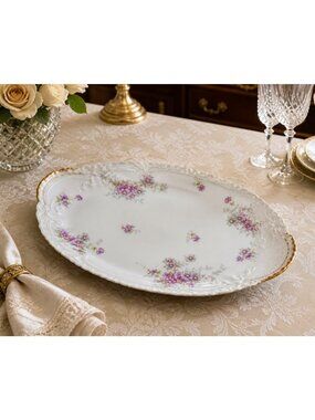 Haviland Limoges France Antique Serving Platter Gilded Pink Floral Sprig 16" L